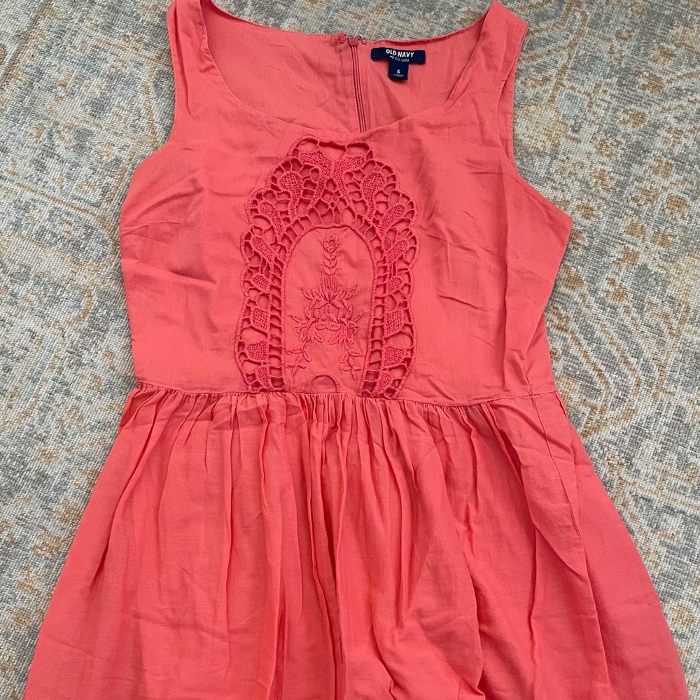 Cute summer coral sundress with lace touches